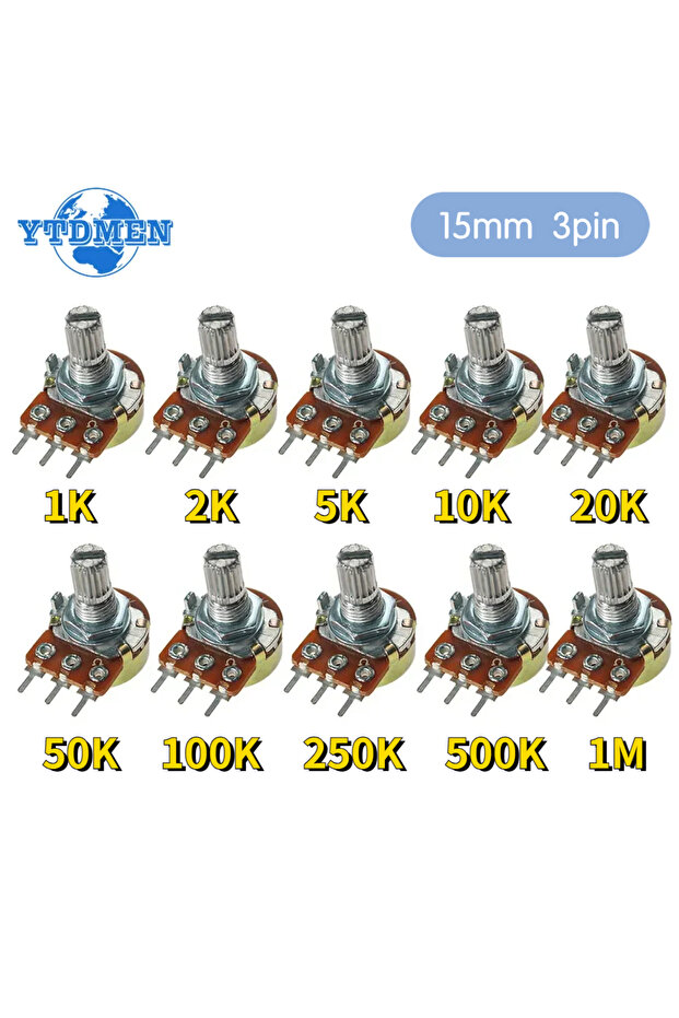 YTDMEN 100K Ohm 10pcs/lot WH148 Linear Potentiometer 15mm 3pin with Nuts and Washers WH148 B1K B2K B