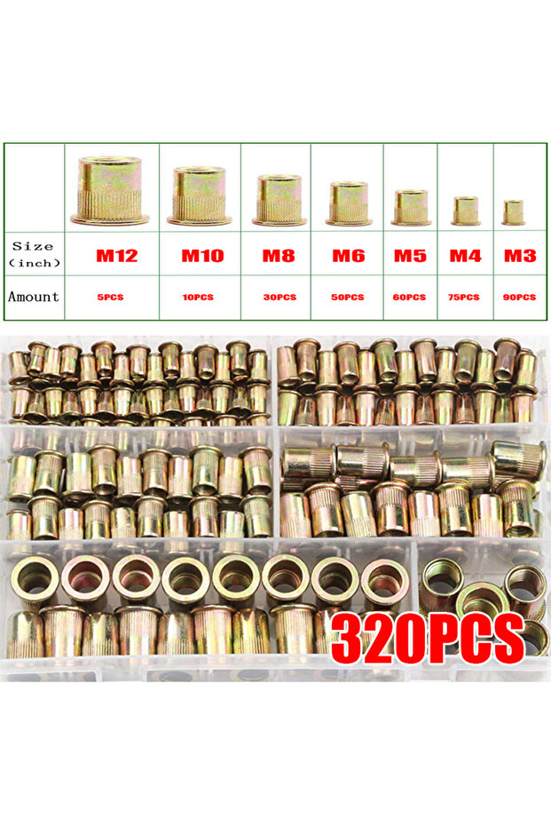 320pcs Carbon steel 320Pcs Rivet Nuts Kit Flat Head Insert Nutsert Rivnuts Assortment Set Threaded I
