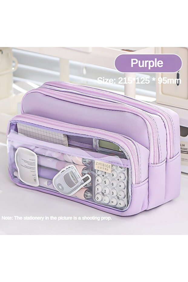Purple Clear Transparent Pencil Case, Large Capacity Multifunctional Stationery Storage Bag for Scho