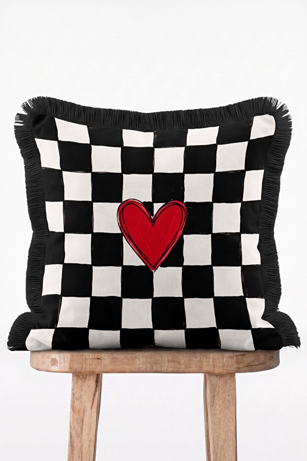 Red Heart Detailed Black and White Checkered Patterned Fringed Throw Pillow Cover