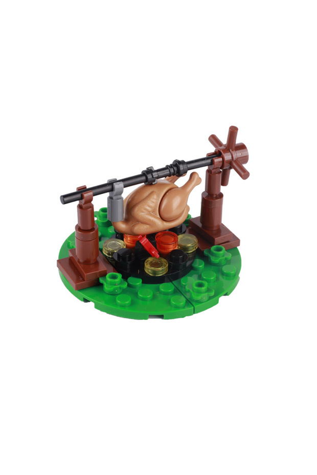 B24-13-2-1SET MOC مكعبات بناء بنماذج مباني القرون الوسطى، إكسسوارات شخصيات الجنود، خيمة نار، دجاج مشوي C