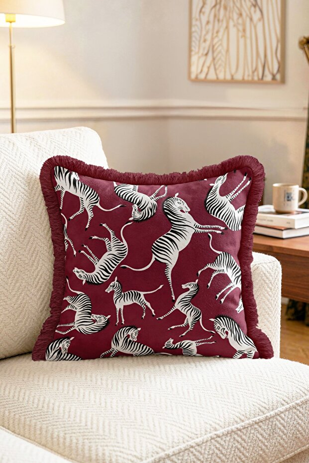 Modern Classic Fringed Cushion Cover with Burgundy Ground Zebra Pattern