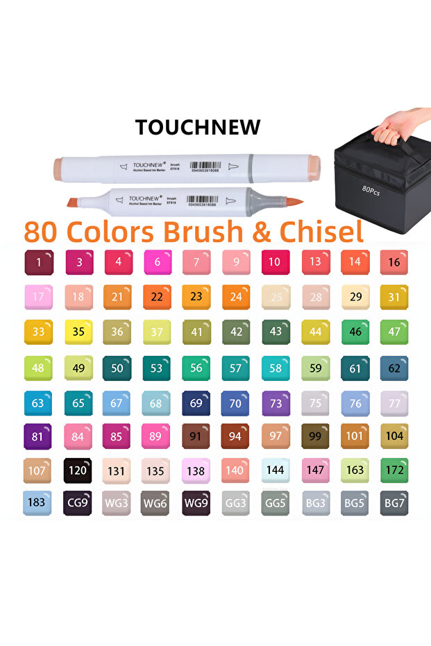 مجموعة أقلام تحديد الكحول من TOUCHNEW، 80 قطعة، فرشاة ناعمة، طرف مزدوج، قلم تحديد دقيق وإزميل / قلم تحديد فني بفرشاة وإزميل