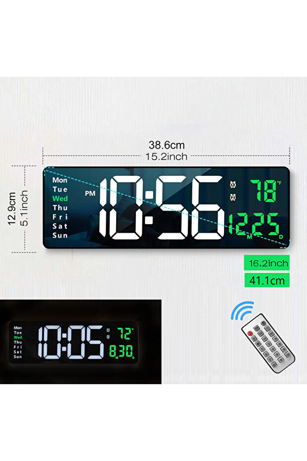 1 Color-Green 16.2'' Large Digital Wall Clock with Remote Control Big LED/Dual Alarm/8 RGB Colors Di