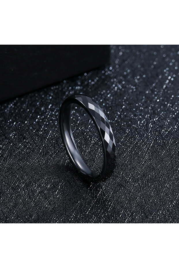 6 Black Faceted 3mm Ceramic Wedding Band for Women, Thin Stackable Plain Rings, Black White Minimali
