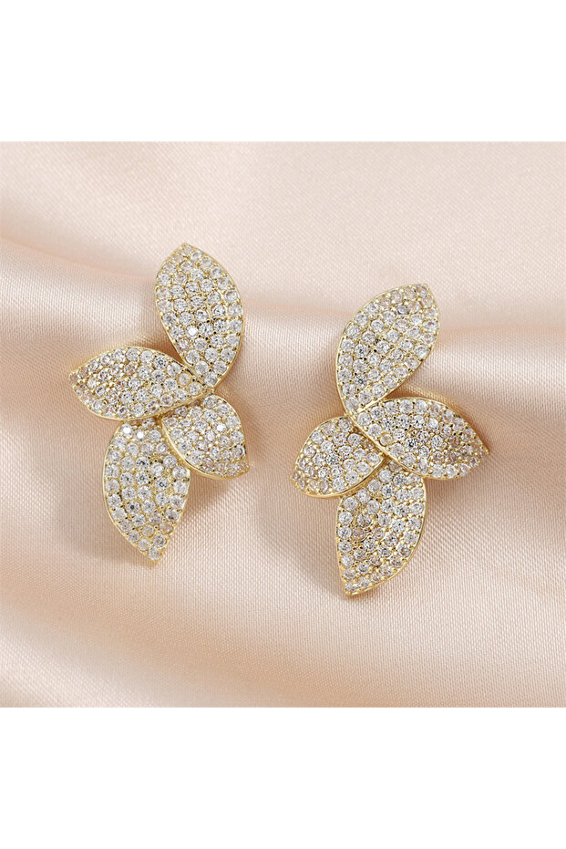 Gold Color A Luxury Shiny Micro-set Zircon Leaf Earrings for Women Exquisite AAA CZ Symmetrical Earr