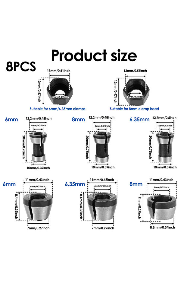Set A 8pcs 12/6PCS Router Collet Chuck 6mm 6.35mm 8mm Router Bit Collet Chuck Clamping Adapter for W