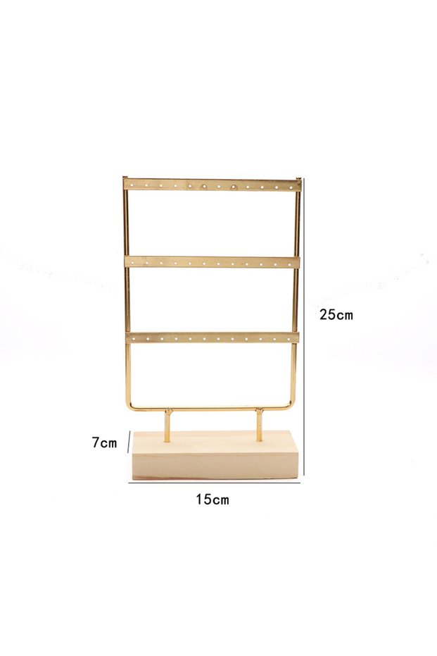 Gold 25cm 3-Tiers 72 Holes Earring Display Holder,Metal 3 Layers Jewelry Storage Organizer Wood Base