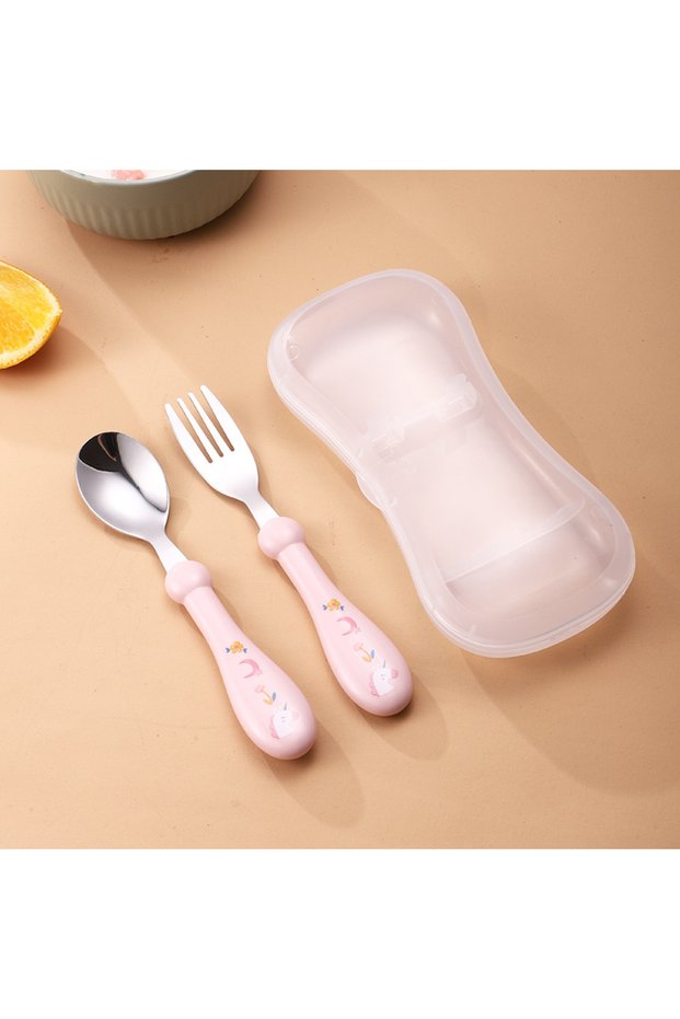 Pink Set Of 2 Stainless Steel Children's Cutlery Spoon/fork Box Suitable For Baby Cutlery, Ideal As