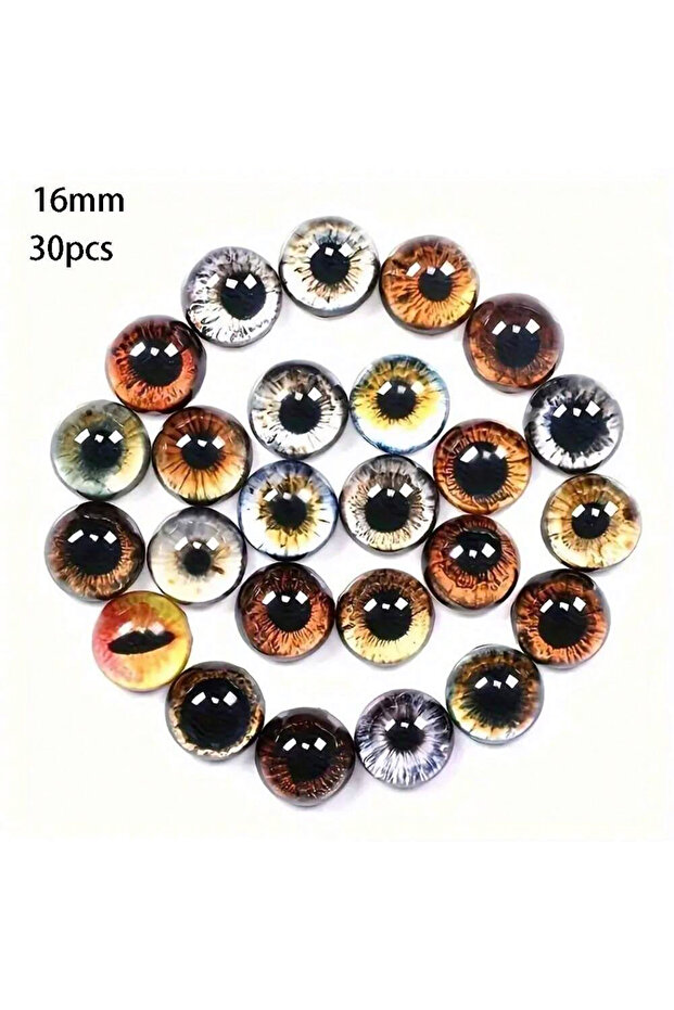 random 30pcs 16mm 6/8/12/16mm Doll Eyes Cat Eyes Glass Eyes Round Cabochon Eye Mixed Printed Half Ro