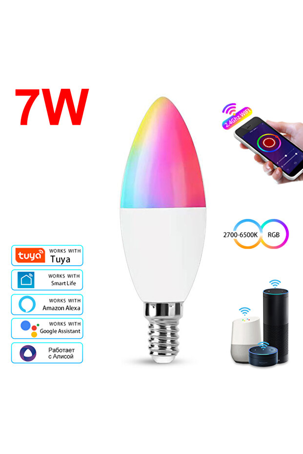GGBEE Yes 220V 7W Tuya Smart WiFi LED Bulb E14 Candel Light 5W 7W 9W 220V Dimmable RGB Lamp APP Voic