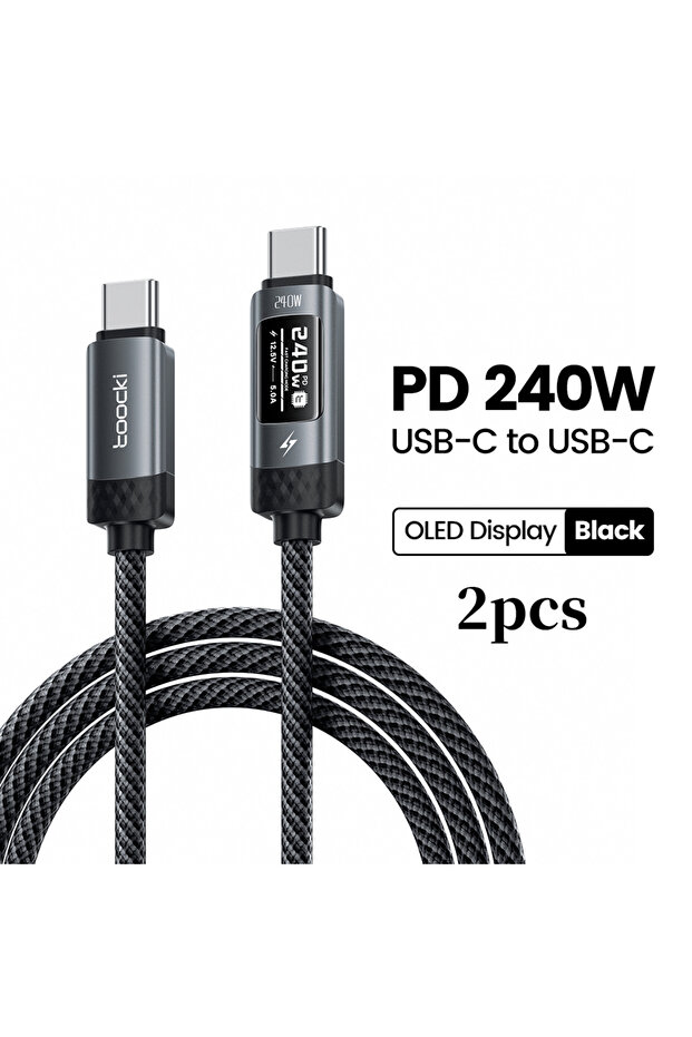 كابل USB C أسود بطول 2 متر، قطعتان، 240 واط، شحن سريع، شاشة OLED رقمية، PD 3.1، من النوع C إلى USB