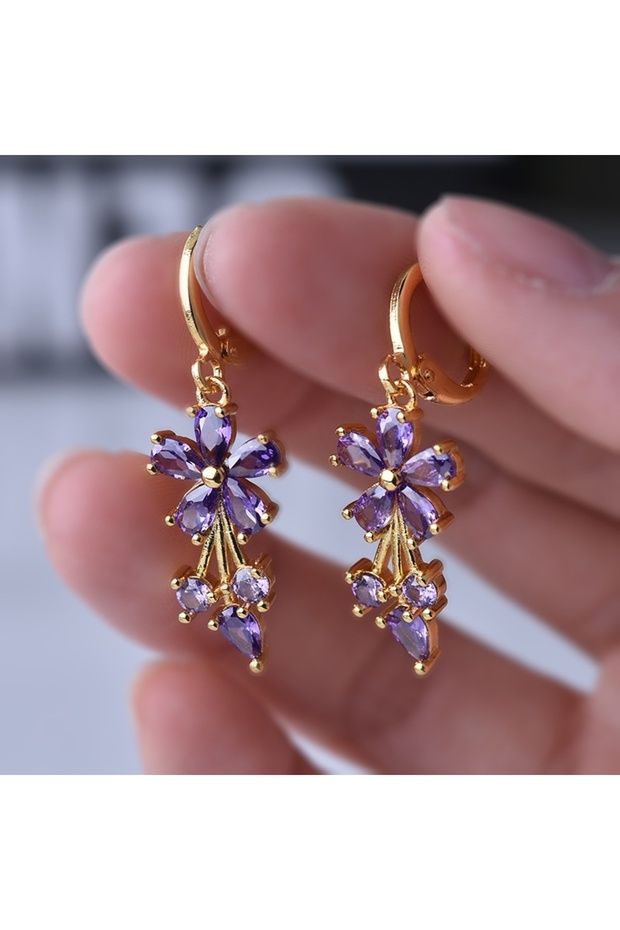 E797-2 Luxury Gold Color Flower Shape Women Drop Earrings Inlaid Shiny Multicolour Cubic Zirconia To