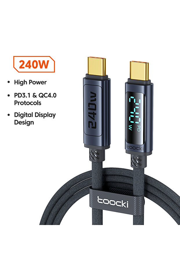 كابل USB C إلى USB C رمادي اللون بطول 2 متر وقدرة 240 واط مع شاشة LED للشحن السريع PD 3.1 وكابل بيانات من النوع C