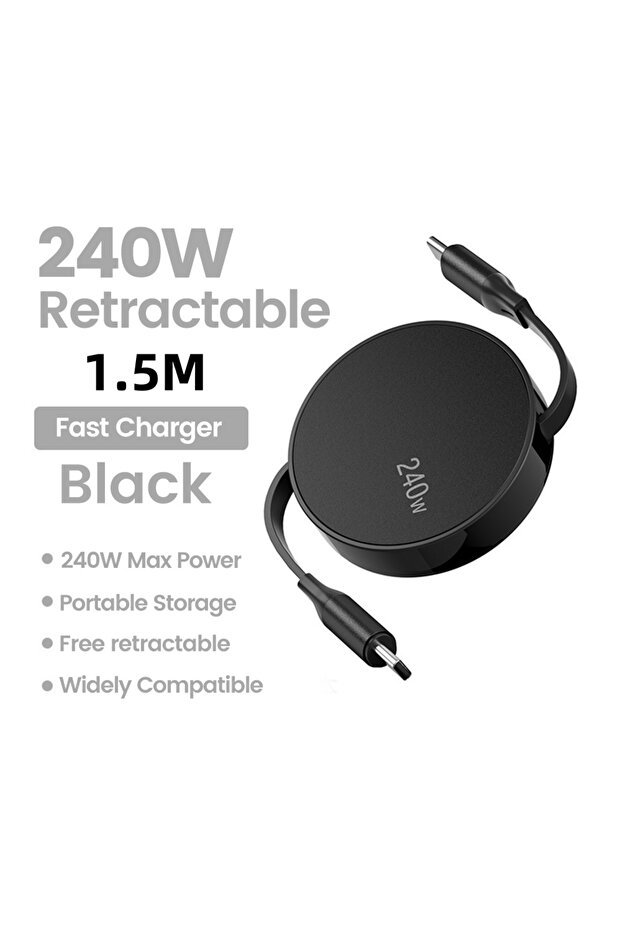 كابل شحن وبيانات USB-C إلى USB-C قابل للسحب بطول 1.5 متر وقدرة 240 واط باللون الأسود مناسب لهواتف آيفون إكس آي...