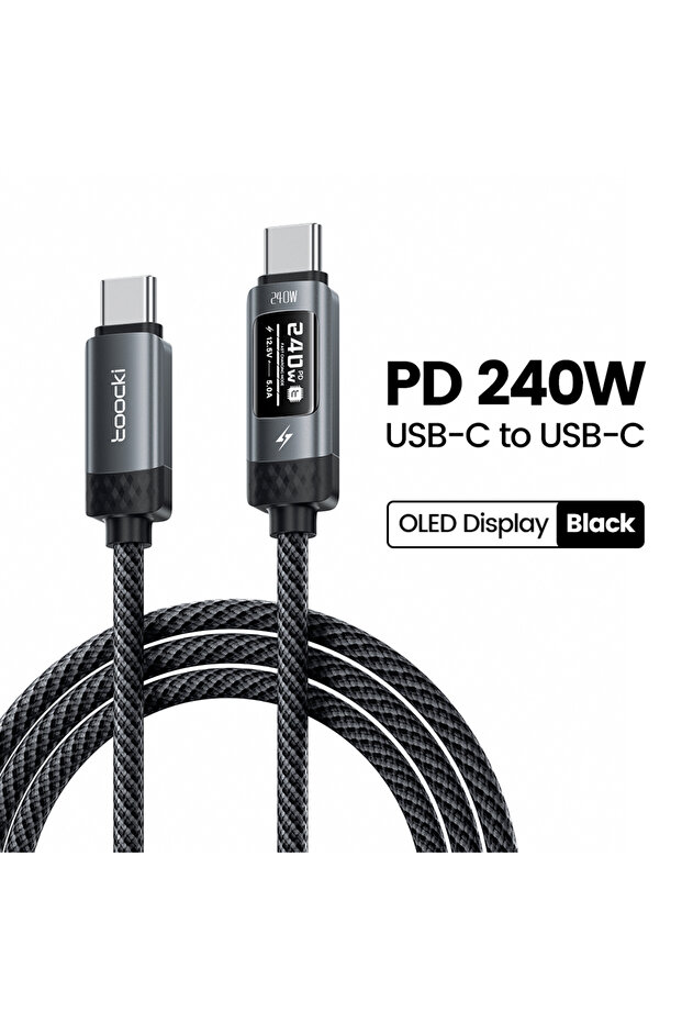 كابل USB-C أسود بطول 2 متر، 240 واط، شحن سريع، شاشة OLED رقمية، PD 3.1، من النوع C إلى USB