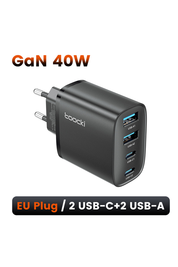 شاحن سريع أسود بتقنية GaN بقوة 40 واط كحد أقصى مع منفذ USB-C وUSB لهواتف آيفون 16 و15 و14، متوافق مع مقابس الاتحاد الأوروبي