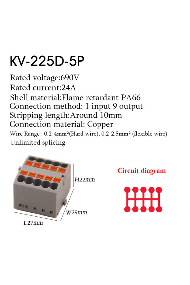 225D-5P-G 1 قطعة موصلات كابلات كهربائية، كتلة طرفية قابلة للتوصيل PTFIX 2.5mm²، موصل تقسيم وربط
