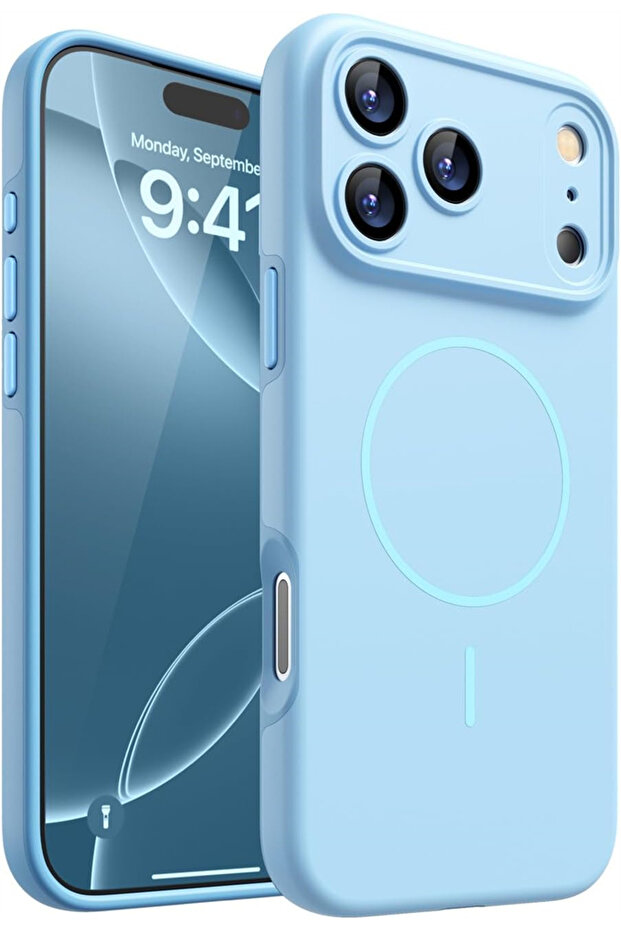 جراب سيليكون مغناطيسي ناعم باللون الأزرق السماوي لهاتف iPhone 17 Pro Max، متوافق مع Magsafe، متوافق مع هواتف iPhone 17 Air و16 و15 و14 و13 و12 Pro M