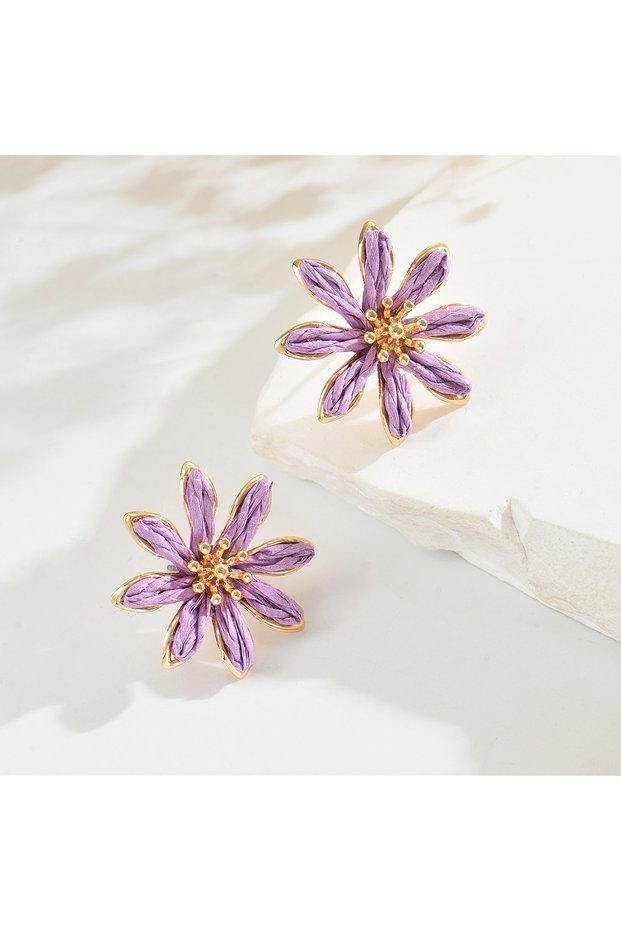 Purple Bohemia Trendy Sweet Daisy Flower Rattan Knit Stud Earrings for Women Handmade Colorful Raffi