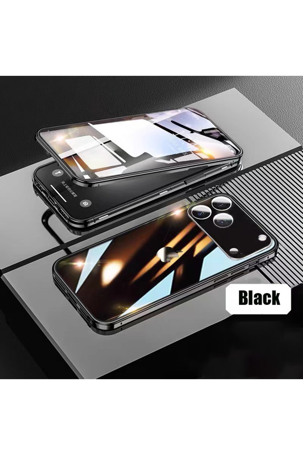 iPhone17 Pro Black 360 ° Full Protection Metal Magnetic Double-Sided Glass Snap Lock Phone Case For