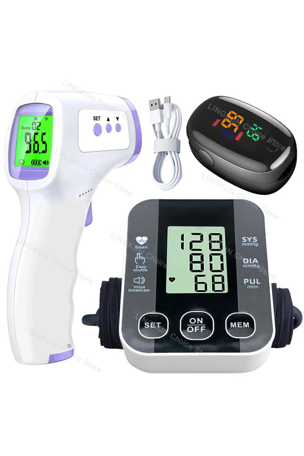 Set 7 Medical Arm Blood Pressure Meter Tensiometers Tonometer Cuff Fever Thermometer Oximeter Heart