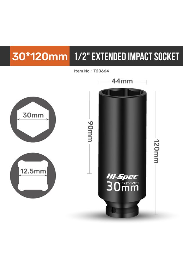 30mm Hi-Spec 1/2" Extra Long Drive Impact Socket CR-MO Pneumatic Sleeve Extension Rod Electric Wrenc