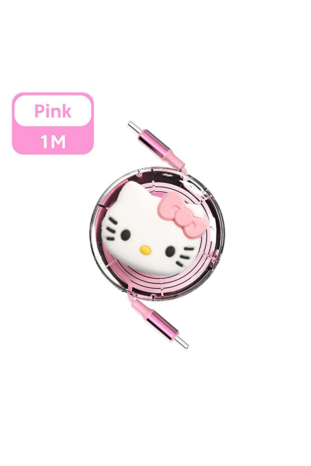 كابل شحن سريع USB Type C إلى Type C من Sanrio Hello Kitty Cartoon قابل للسحب PD 100W باللون الوردي