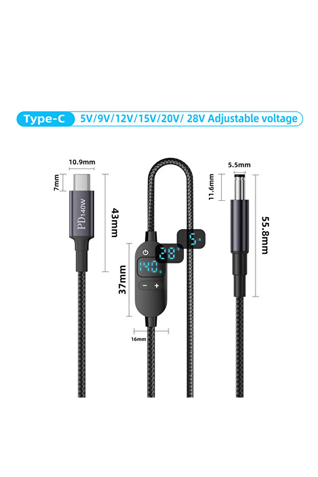 Type-C to DC SX-TYX 140W USB C to DC Power Cable 140W Type C to 5V 9V 12V 15V 20V 28V Adjustable Vol