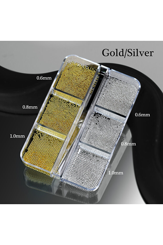 03 6 Grids Gold Mixed Size Stainless Steel Metal Bead Nail Art Decoration 3D Mini Small Caviar Ball