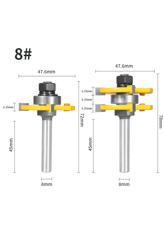 8x47.6x6.35 2PCS 6/6.35/8/12/12.7MM Shank 35MM 47.6MM T&G ASSEMBLY Cutter Router Bit Woodworking Mil