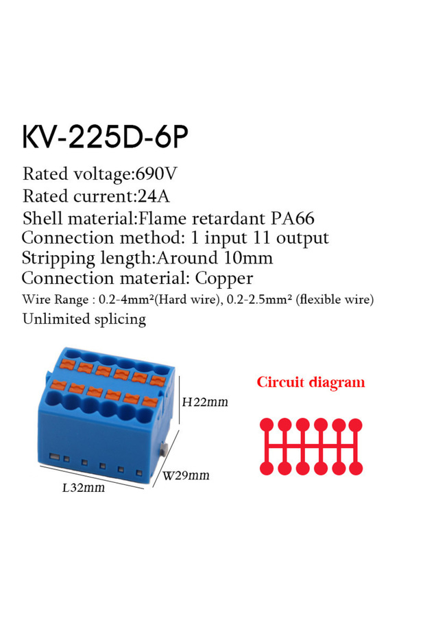 225D-6P-B قطعة واحدة موصلات كابلات كهربائية، كتلة طرفية قابلة للتوصيل PTFIX 2.5mm²، موصل تقسيم وربط