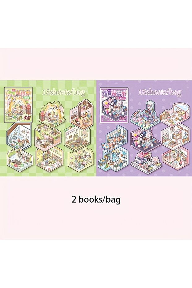 B 4 Styles Mini Scenery Sticker Book DIY Handbook Material Miniature Scene Visual Stacking Stickers.