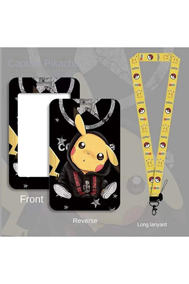 Bandai Pikachu Black Kawaii Pokemon Pikachu Lanyard Card Holders Squirtle ID Bus Card St