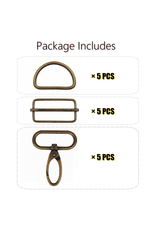 25mm Bronze 15pcs/set 15-38mm Mixed Color Metal Belt Buckle Set, D-ring Buckle, Rectangular Sliding