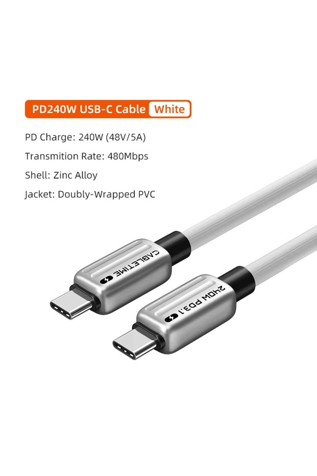 2m White CABLETIME PD240W USB Type C Cable PD3.1 Fast Charging Quick Charger USB C Wire for MacBook