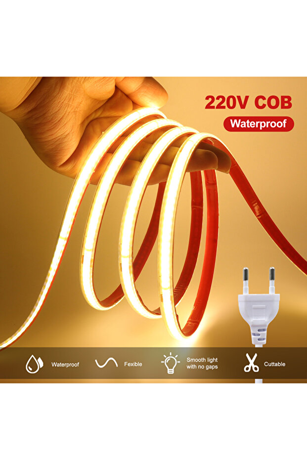 8m AC 220V EU Plug Warm White AC 220V COB Strip IP65 Waterproof 10CM Cut 240Leds/M 3000K 4000K 6000K