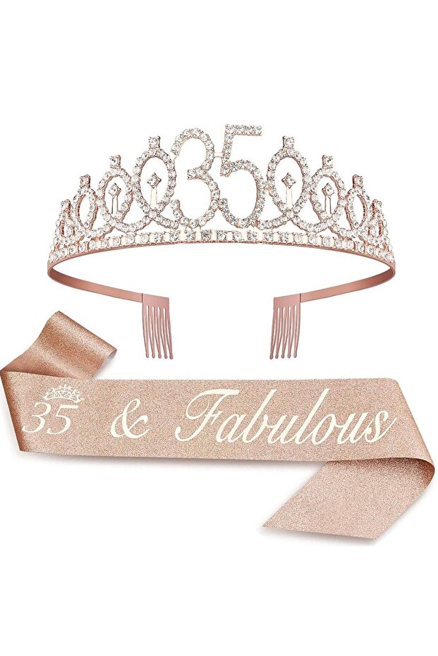 rose gold-35 Birthday Tiara Crown Sash Women Girls 15th 20th 25th 30th 35th 40th 45th 50th 55th 60th