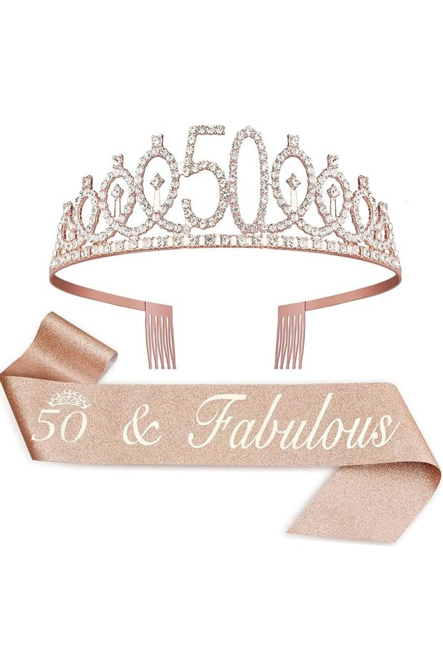rose gold-50 Birthday Tiara Crown Sash Women Girls 15th 20th 25th 30th 35th 40th 45th 50th 55th 60th