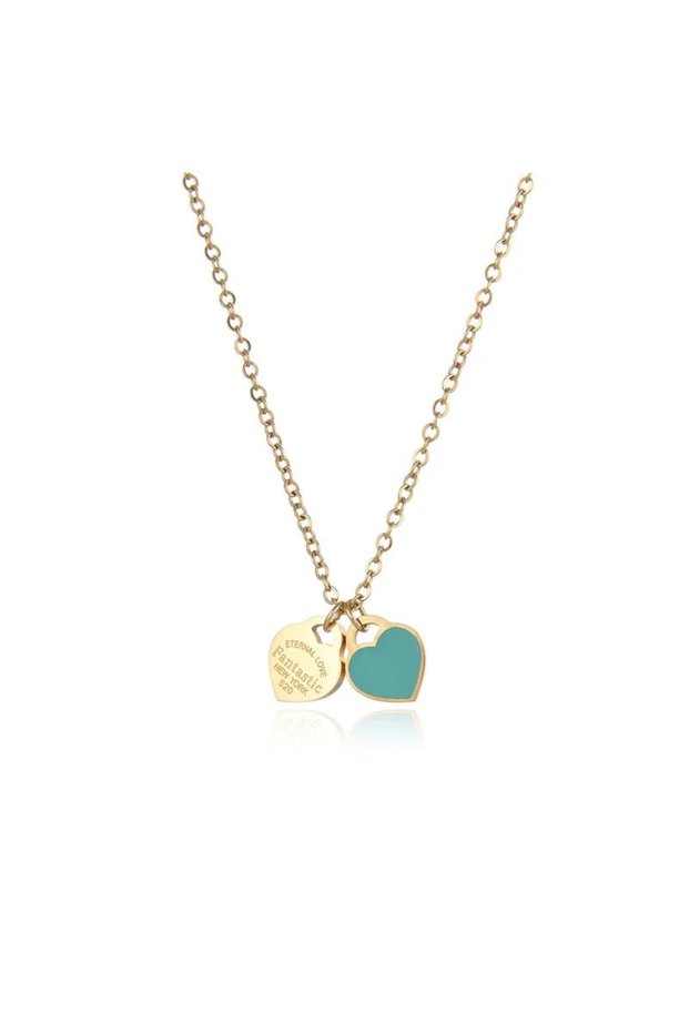 Golden green 18K Gold Plated Double Peach Heart Stainless Steel Pendant Necklace Women Love Enamel H