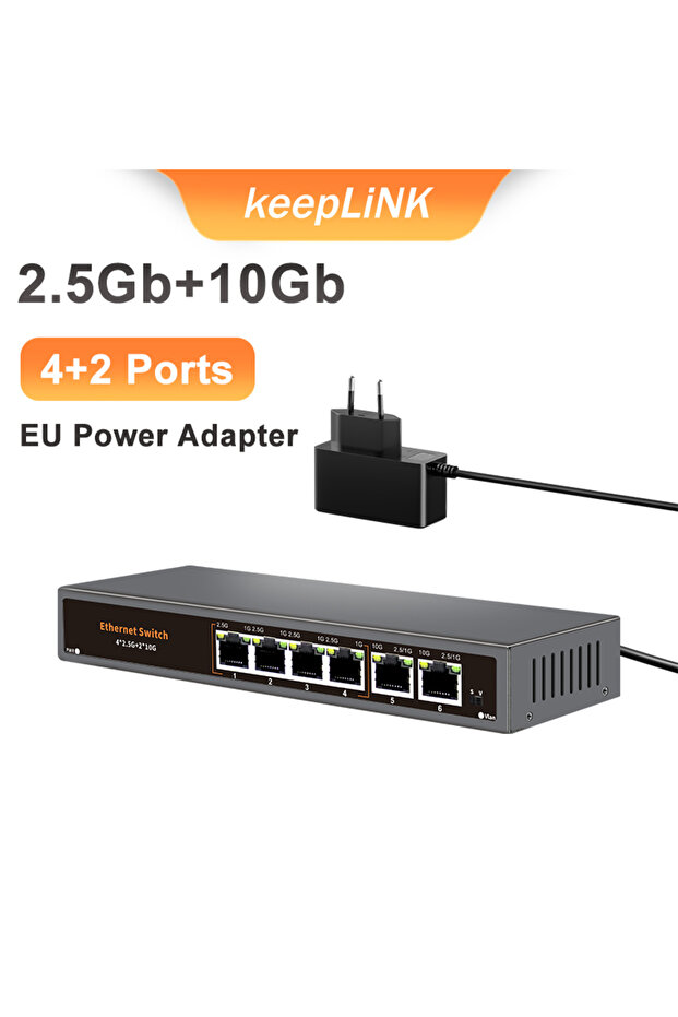 محول شبكة متعدد المنافذ غير مُدار من KeepLiNK بـ 6 منافذ، 4 منافذ 2.5 جيجابت RJ45 + 2 منفذ 10 جيجابت، مع قابس أوروبي