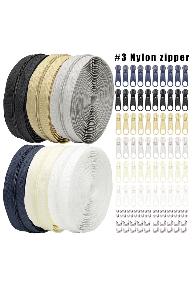 3# Style D 1 Set (6-Color) Nylon Zipper Kit: 30 Yards of Zippers (6pcs × 5 Yards Each) + 60 Zipper S