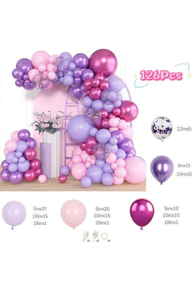 Other BL50307-126Pcs 126Pcs Pink Purple Balloon Garland Arch Kit Metallic Confetti Purple Balloons