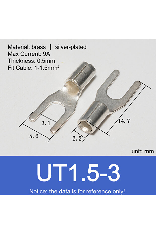 Silver Color 100pcs UT1.5-3 100pcs U Shape Brass Electrical Cable Terminals Block Crimping Spade Wir