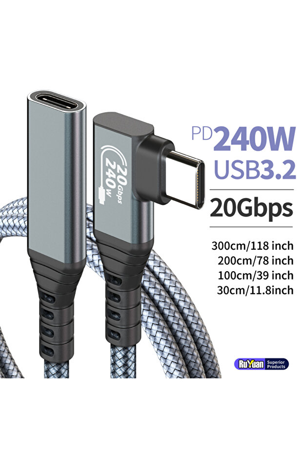 كابل تمديد USB3.2 رمادي اللون بطول 0.3 متر وقدرة 240 واط، سرعة نقل بيانات عالية 20 جيجابت في الثانية، كابل متين للشحن السريع