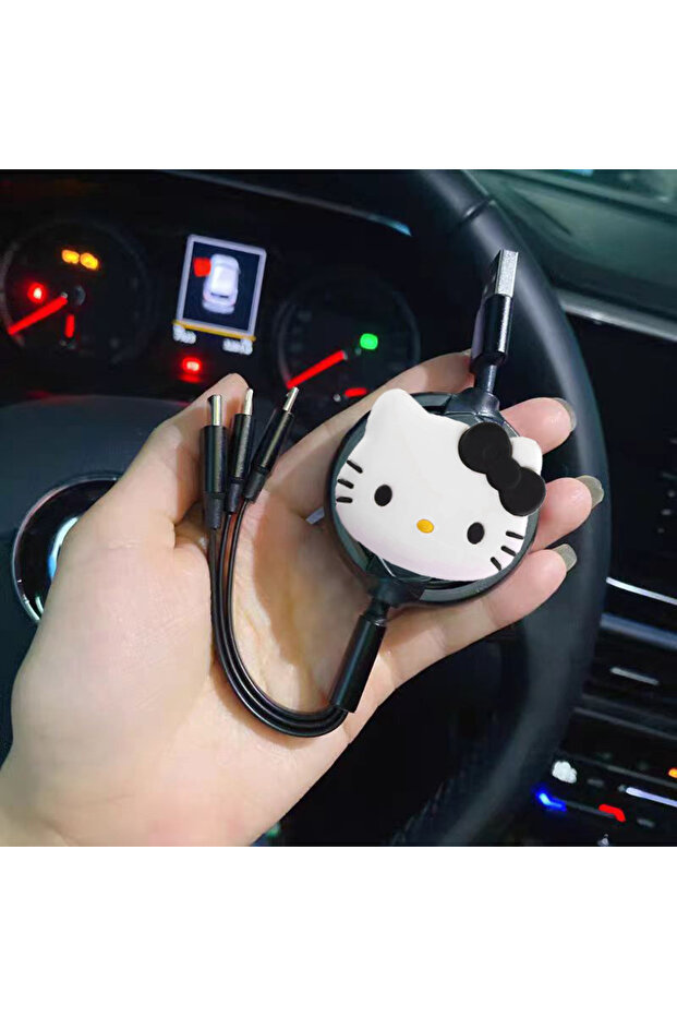 1m black Sanrio Hello Kitty 3 In 1 Retractable USB Cable Fast Charging Data Cord For Iphone Multi P