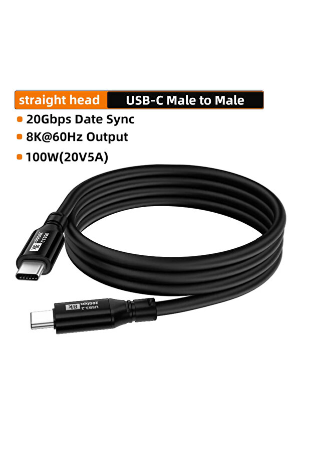 كابل USB C إلى C بطول 2 متر، 100 واط، 20 جيجابت في الثانية، PVC، 5 أمبير، 100 واط، PD، شحن سريع، 20 جيجابت في الثانية، USB3.2 Gen2x2، مخرج فيديو 8K، 4K