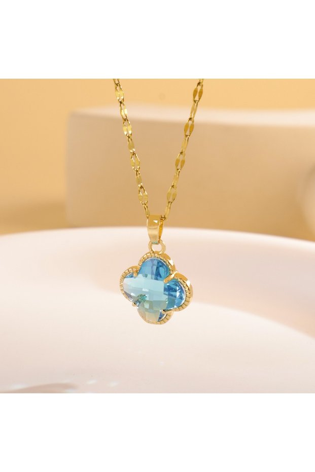 45cm Blue Zinc 1Pc Women's Four-Leaf Flower Crystal Pendant Necklace, High-End Luxury Ins Series, Su