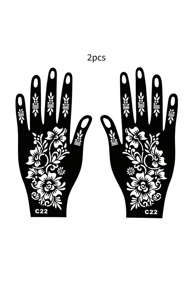 C22 2pcs/set Reusable Henna Tattoo Stencils Flower Tattoo Template for Women Hand Fingers Henna Sten