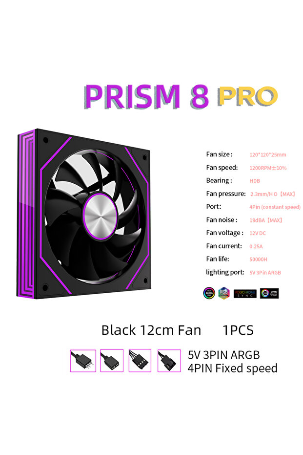 مروحة تبريد كمبيوتر METALFISH PRISM 8 PRO 120mm A-RGB Forward سوداء، قطعة واحدة، 5 فولت، 3 دبابيس، مزامنة ARGB، 12 سم، هادئة